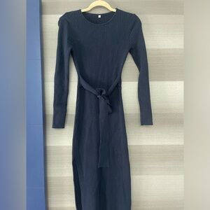 Ribbed Blue Knit Midi Dress, Tie Waist, Size Medium